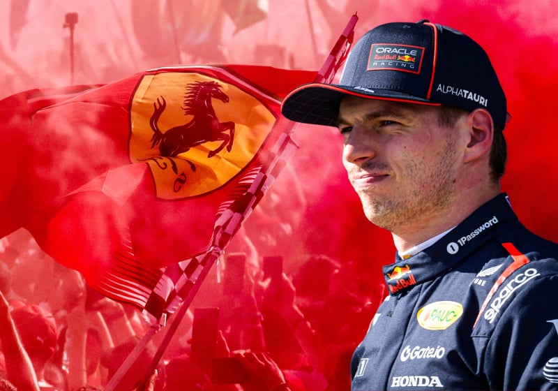 Max Verstappen looks on at Ferrari fans