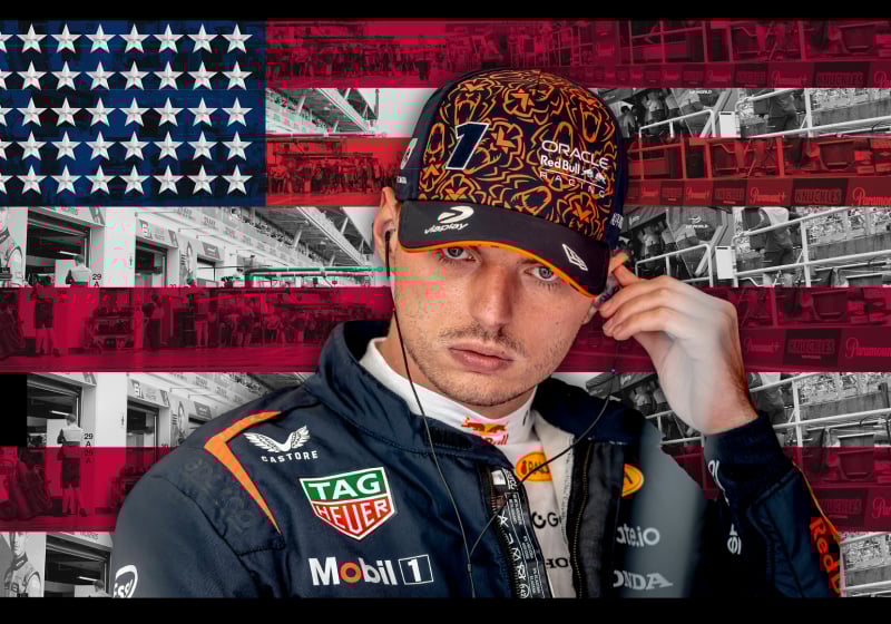 Verstappen looking concentrated as he puts an earphone in with a US-flag themed background