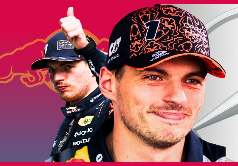 Composite image of a happy Verstappen with Red Bull and Mercedes logos behind him
