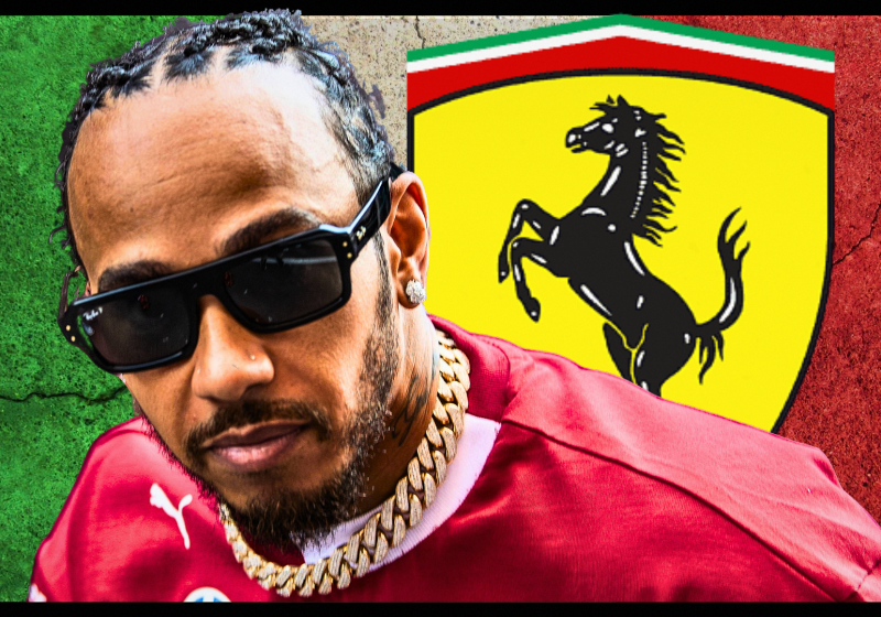 Lewis Hamilton alongside a Ferrari logo and a cracked Italian flag