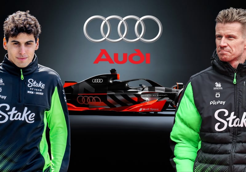 Hulkenberg and Bortoleto stand either side of the Audi F1 car
