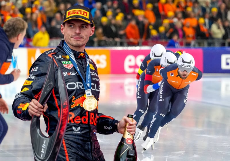 Max Verstappen super-imposed with a gold medal as the Dutch speed skating team skate round the ice behind him