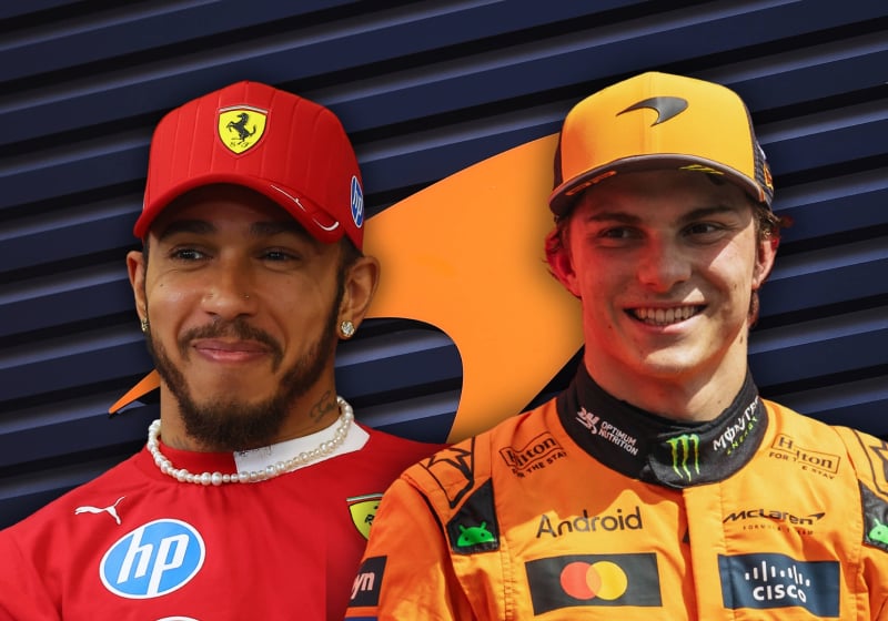 Hamilton in Ferrari kit and Piastri in McLaren kit both smirking in front of McLaren logo black and orange background