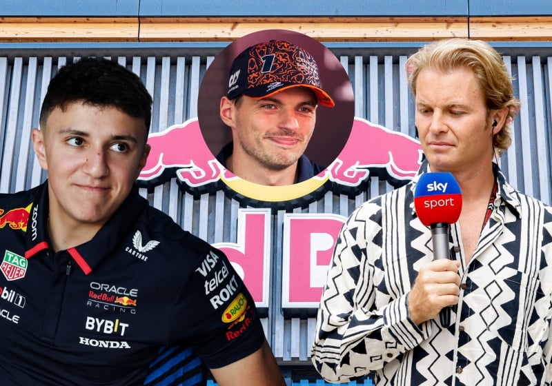 Nico Rosberg and Isack Hadjar look at one another in front of the Red Bull logo with Max Verstappen inset