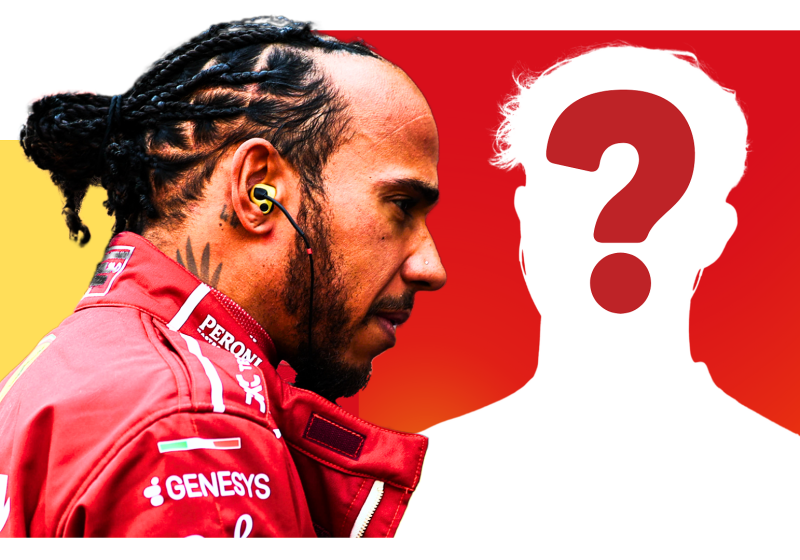 Hamilton looking to the side with a serious expression against a red, white and yellow background and white-out image of Ollie Bearman's silhouette