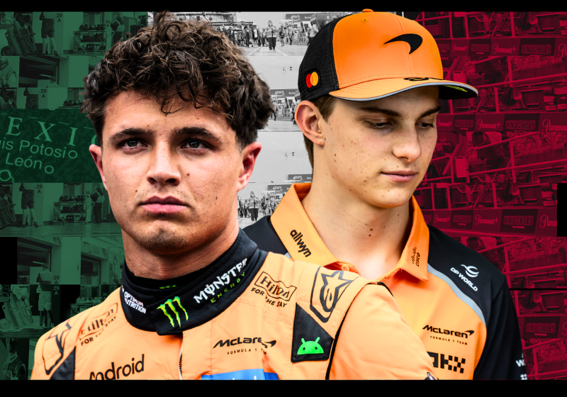 Piastri and Norris looking glum with an edited background of the F1 paddock with a Mexican flag overlay