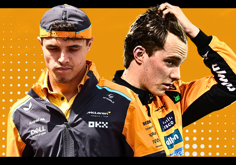 Norris and Piastri looking gloomy with a black and orange edited square background