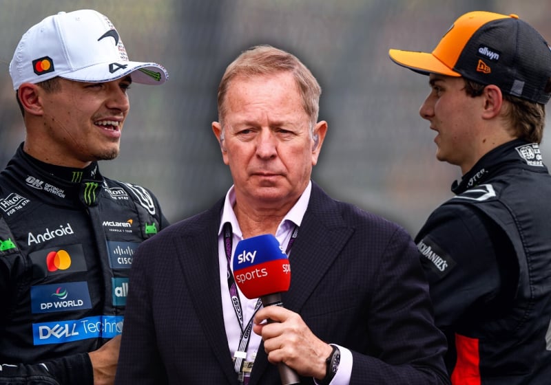 Brundle holding a Sky microphone edited into the centre of Norris and Piastri facing each other in conversation