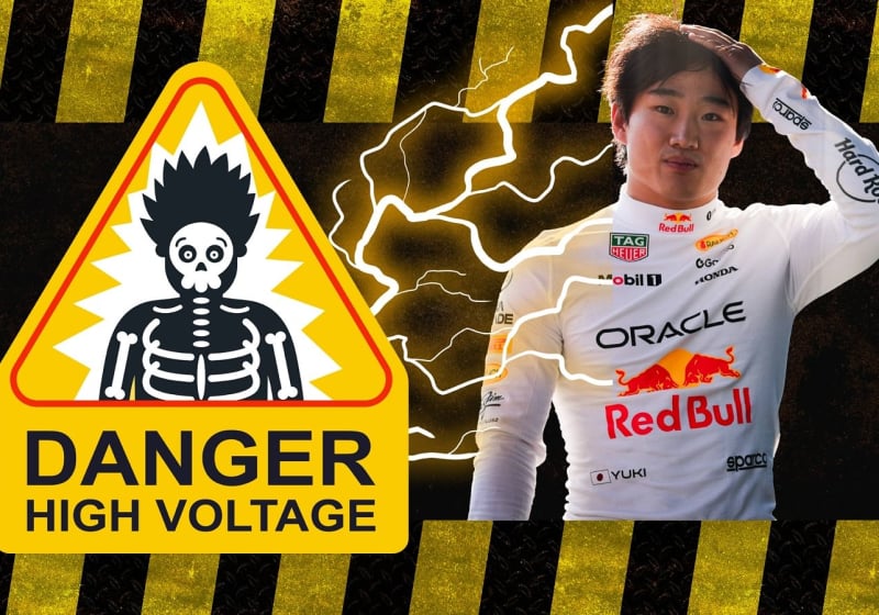 An edited image of Yuki Tsunoda getting electrocuted next to a 'Danger! High Voltage' sign which contains an illustration of a frazzled man