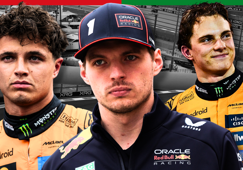 Max Verstappen, Lando Norris and Oscar Piastri look on with an Abu Dhabi track behind them