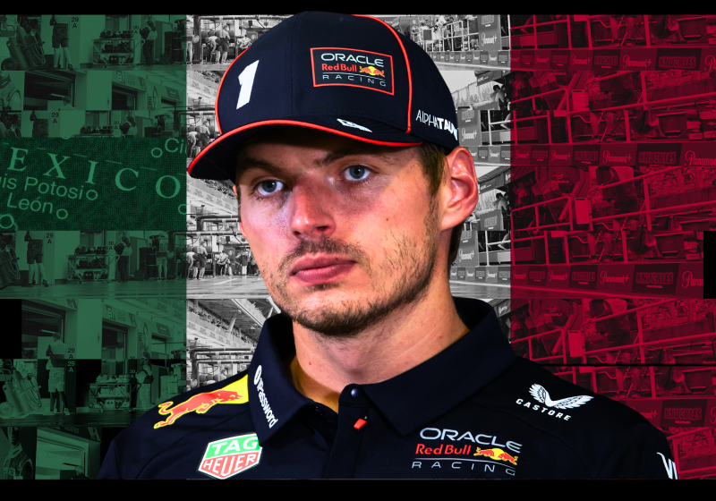 Verstappen looking disinterested in a Red Bull polo and cap with a Mexican flag-themed background