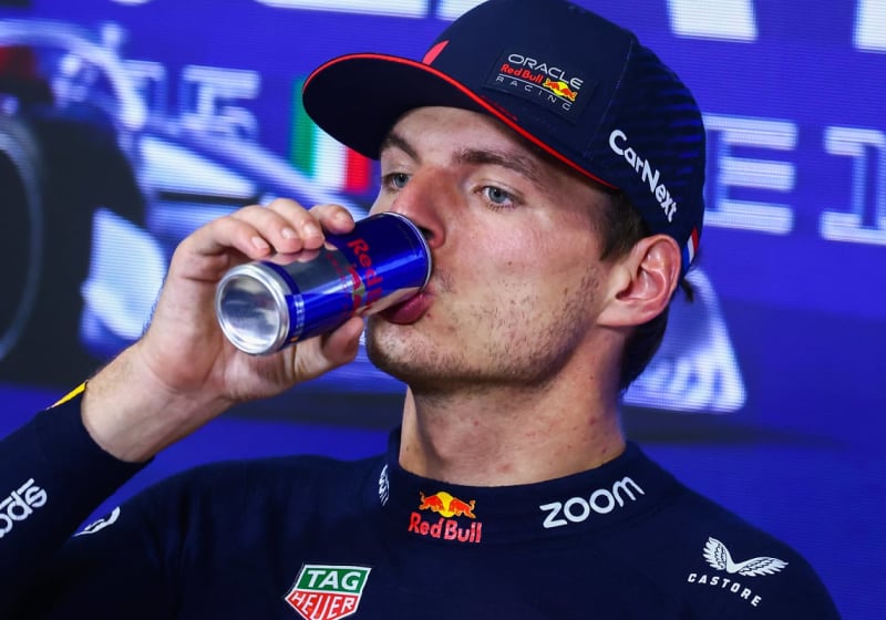 Verstappen drinking a Red Bull