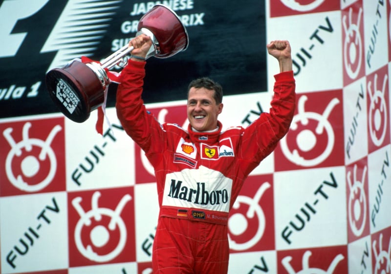 Michael Schumacher celebrates victory at the 2000 Japanese Grand Prix