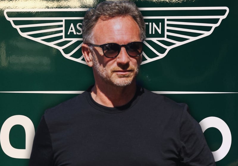 Horner wearing a plain black tee and black sunglasses looking serious with an edited Aston Martin logo background in green and white