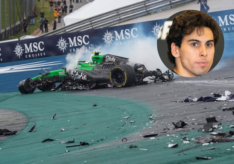 Gabriel Bortoleto's portrait is show alongside his wrecked Sauber car after a Brazil sprint crash