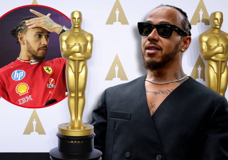 Lewis Hamilton looks concerned in front of an Oscars background