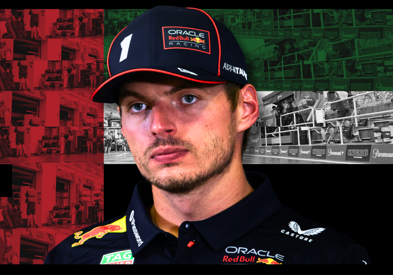 Max Verstappen looking disappointed edited onto a background of the Abu Dhabi flag