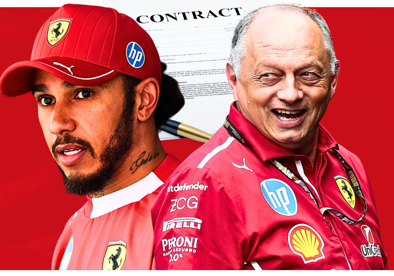 Lewis Hamilton and Fred Vasseur sit either side of a contract with a pen on the table