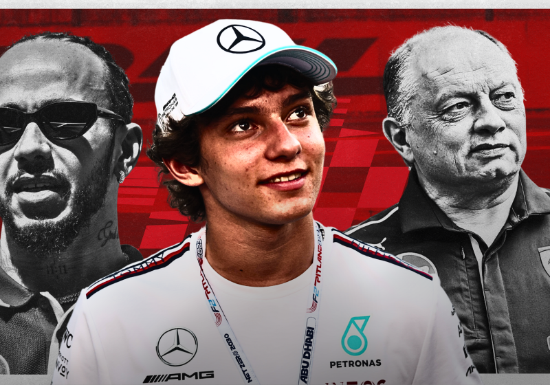 Kimi Antonelli, Lewis Hamilton and Fred Vasseur in front of a Ferrari background