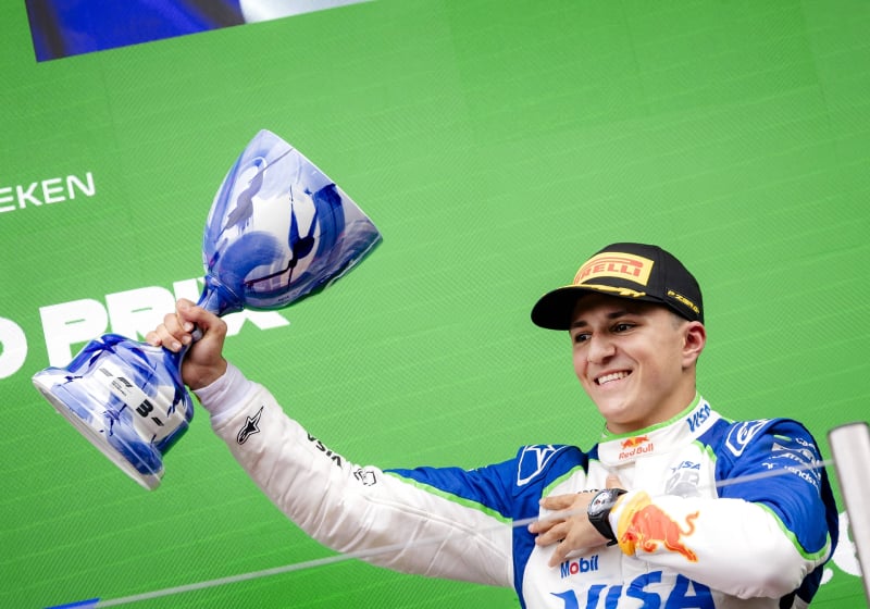 Isack Hadjar celebrating his first podium at the 2025 Dutch Grand Prix