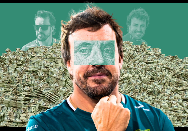 Fernando Alonso smiling while being surrounded by falling bank notes