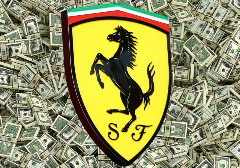 A Ferrari logo is pictured in front of a background of cash
