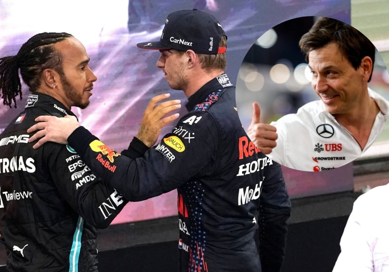 Max Verstappen consoles Lewis Hamilton after Abu Dhabi 2021, with a Toto Wolff thumbs up inset