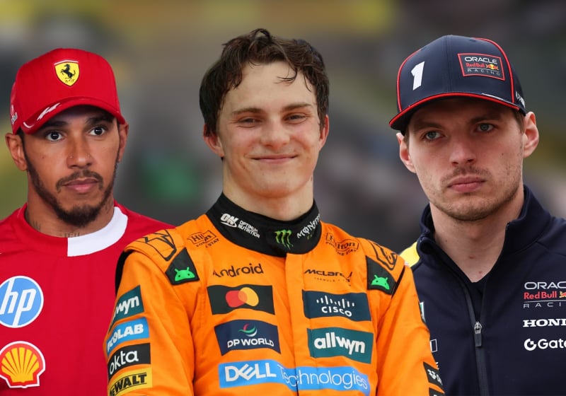 Oscar Piastri grins as he is flanked by Lewis Hamilton and Max Verstappen