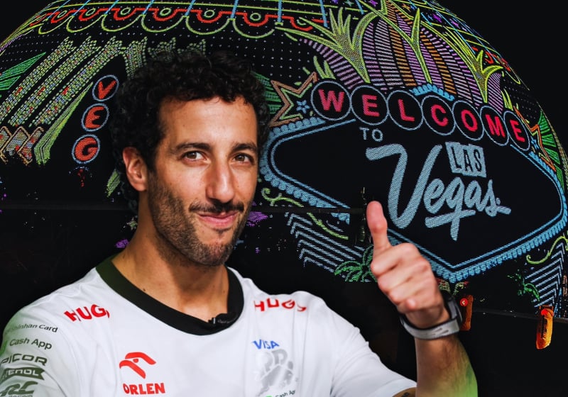 Ricciardo smirking and giving a thumbs up in old VCARB kit edited in front of a lit Las Vegas sphere