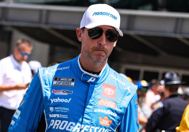A generic image of NASCAR driver Denny Hamlin looking disappointed
