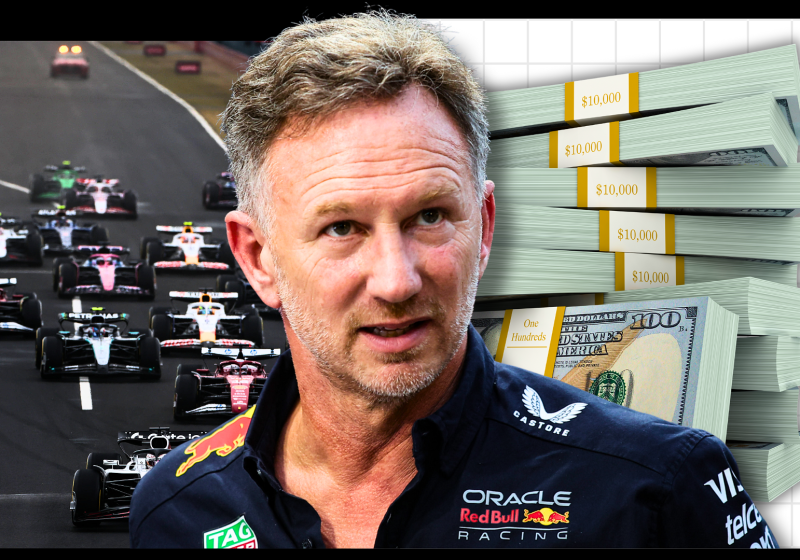 Horner in Red Bull kit looking concerned with a background of the F1 grid and a pile of US dollars