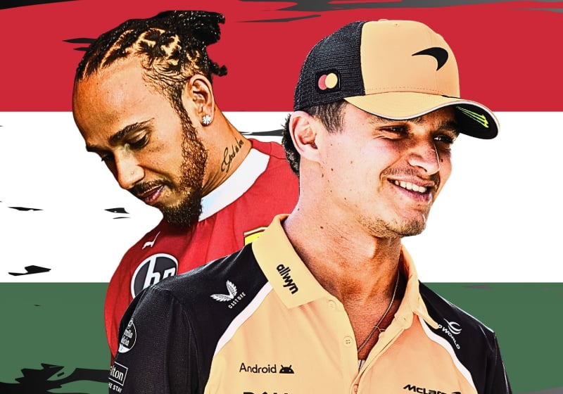 Image of Lewis Hamilton and Lando Norris in front of a sketch of the Hungarian flag