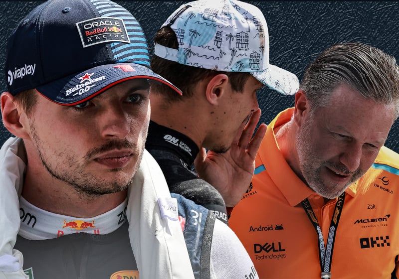 Max Verstappen, Lando Norris and Zak Brown