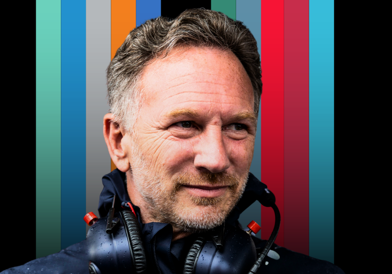 Headshot of Horner in Red Bull F1 top with headphones around his neck edited with a black background with multi-coloured stripes down the middle