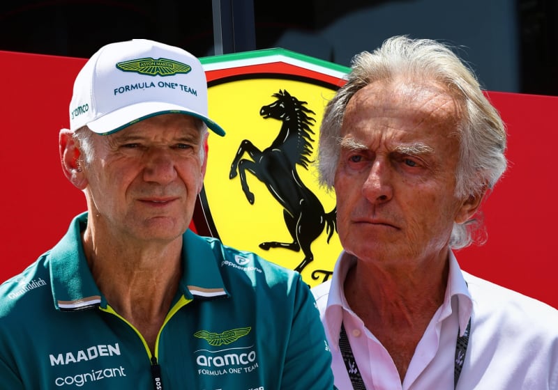 Composite image of Ferrari logo with Newey in Aston Martin kit and Luca di Montezemolo next to him