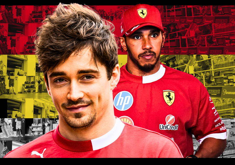 Charles Leclerc and Lewis Hamilton in front of Belgian GP flag colours