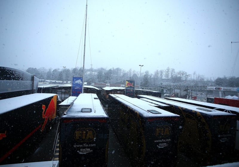 An image of the F1 paddock under snow in 2018