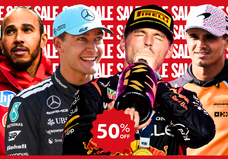 Composite image of Hamilton, Russell, Verstappen and Norris all in respective F1 team kit with 'sale' and 50% off graphic