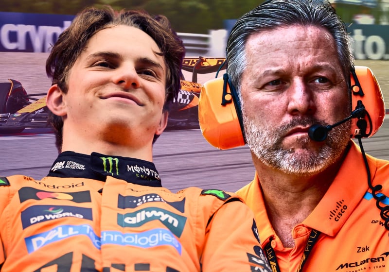 An edited image of Oscar Piastri smirking alongside a concerned Zak Brown, with the background of a McLaren F1 car 