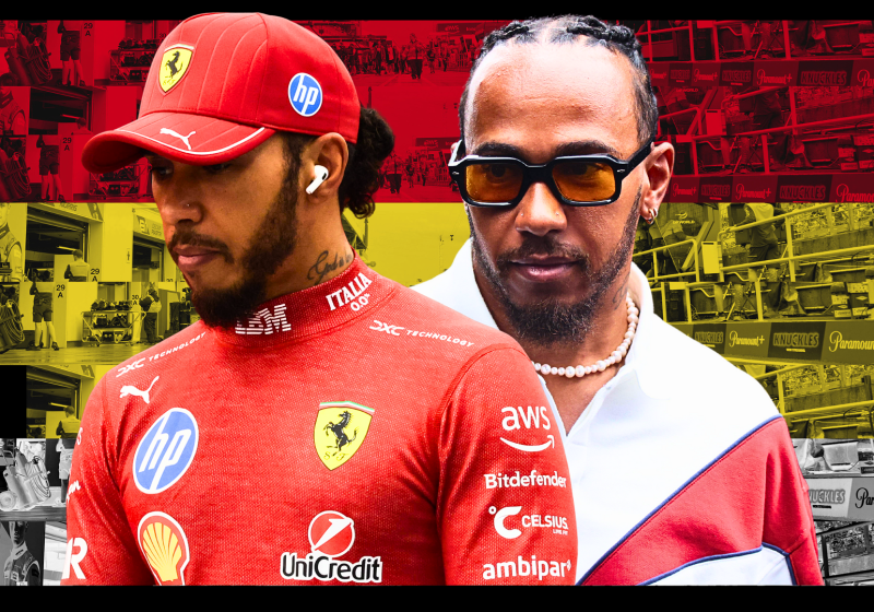 Two images of Lewis Hamilton looking downcast with a background of Belgian colours