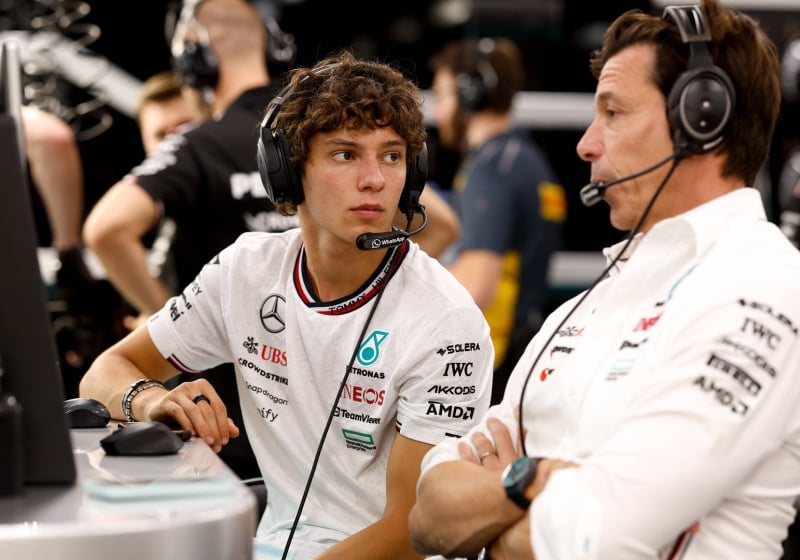 Antonelli and Wolff in Mercedes garage at 2024 Singapore GP