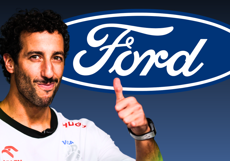 Ricciardo giving a thumbs up with blue Ford logo behind and gradient blue background